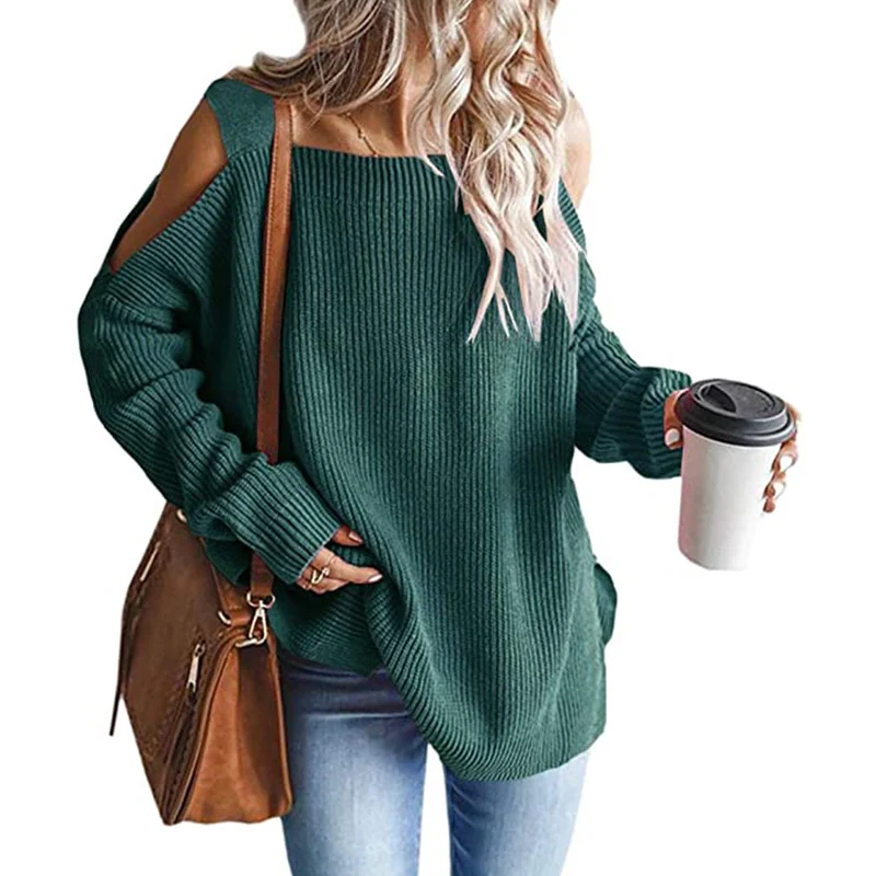 Damen Oversize-Rippstrickpullover mit Schulter-Cut-outs und weitem U-Boot-Ausschnitt Nord Taschen