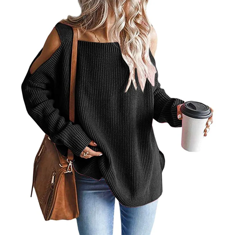 Damen Oversize-Rippstrickpullover mit Schulter-Cut-outs und weitem U-Boot-Ausschnitt Nord Taschen
