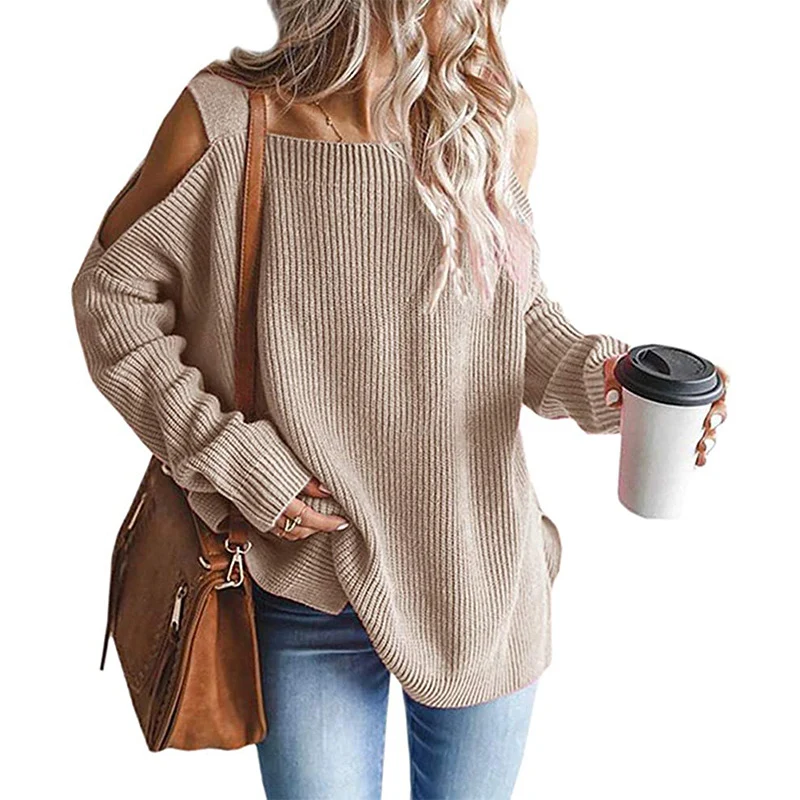 Damen Oversize-Rippstrickpullover mit Schulter-Cut-outs und weitem U-Boot-Ausschnitt Nord Taschen