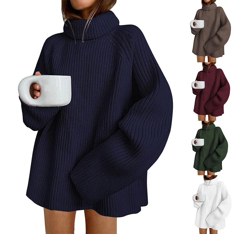 Damen Oversize Pulloverkleid aus Rippstrick mit hohem Rollkragen und voluminösen Ärmeln Nord Taschen