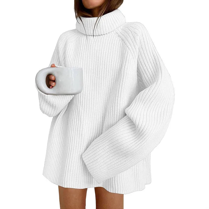 Damen Oversize Pulloverkleid aus Rippstrick mit hohem Rollkragen und voluminösen Ärmeln Nord Taschen