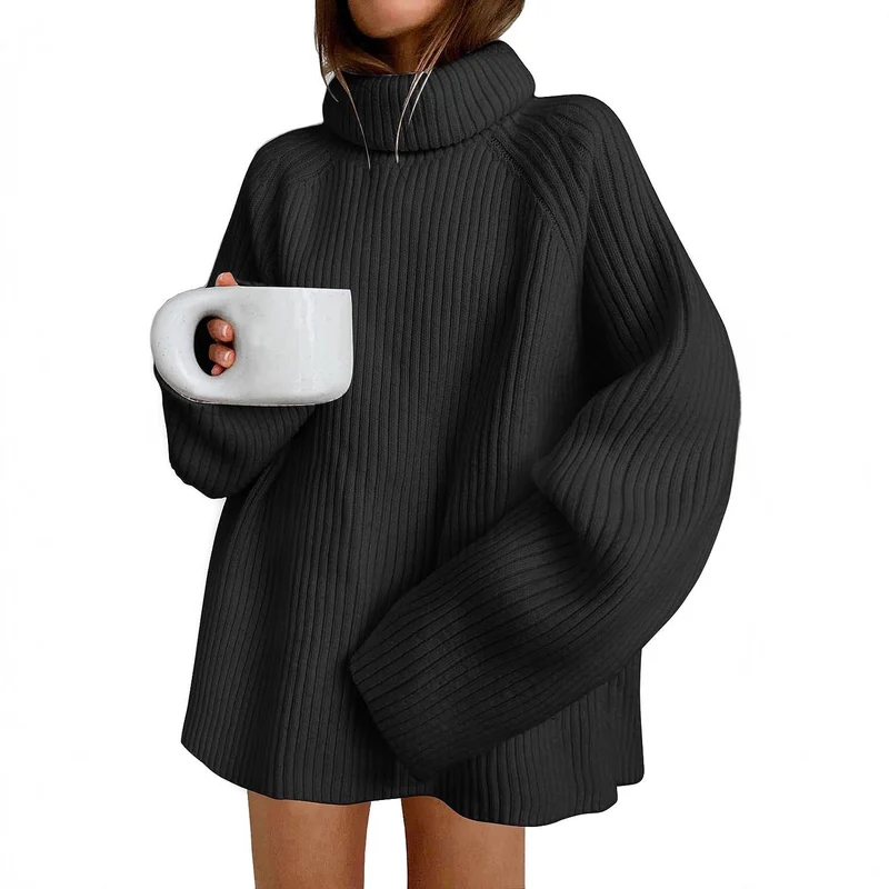 Damen Oversize Pulloverkleid aus Rippstrick mit hohem Rollkragen und voluminösen Ärmeln Nord Taschen