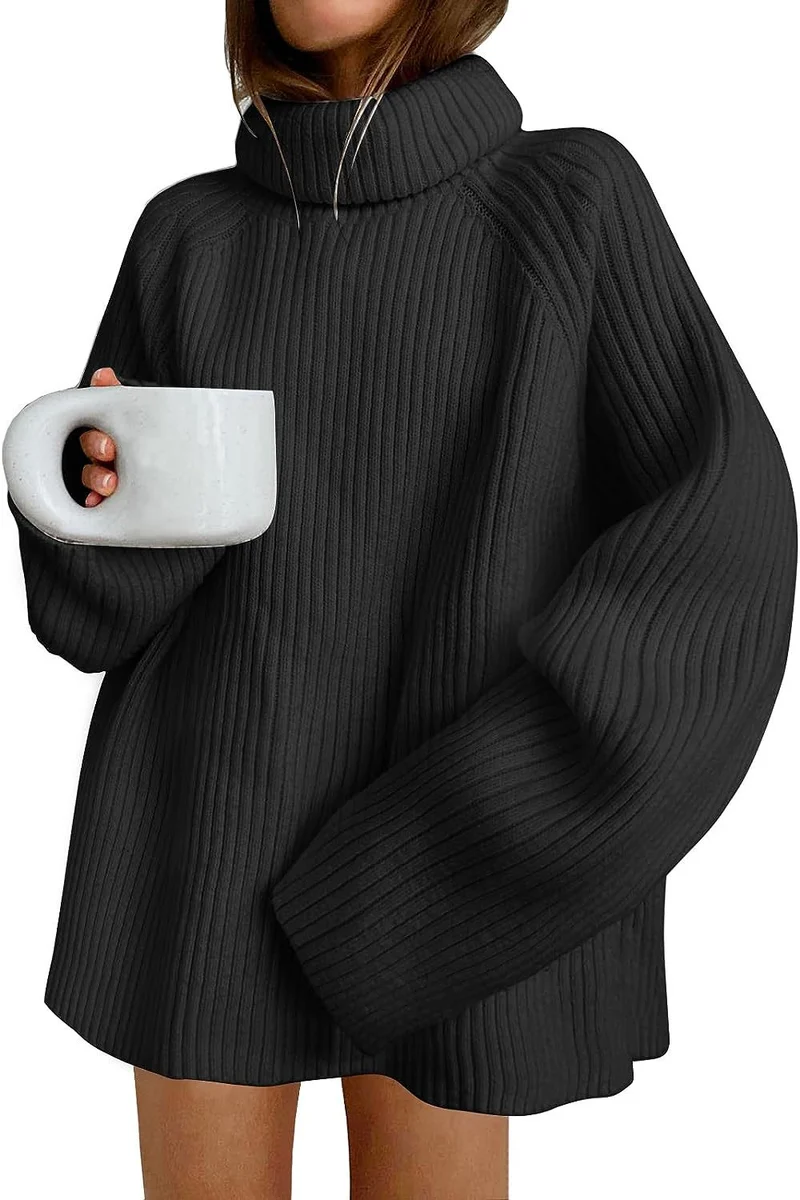 Damen Oversize Pulloverkleid aus Rippstrick mit hohem Rollkragen und voluminösen Ärmeln Nord Taschen