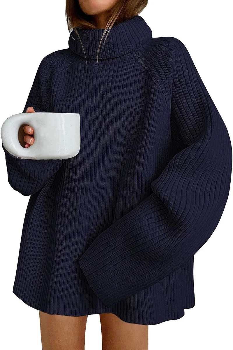 Damen Oversize Pulloverkleid aus Rippstrick mit hohem Rollkragen und voluminösen Ärmeln Nord Taschen
