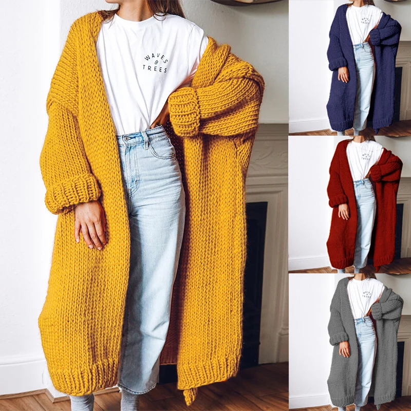 Damen Oversize Maxi Grobstrick-Cardigan mit offener Front und voluminösen Ärmeln Nord Taschen