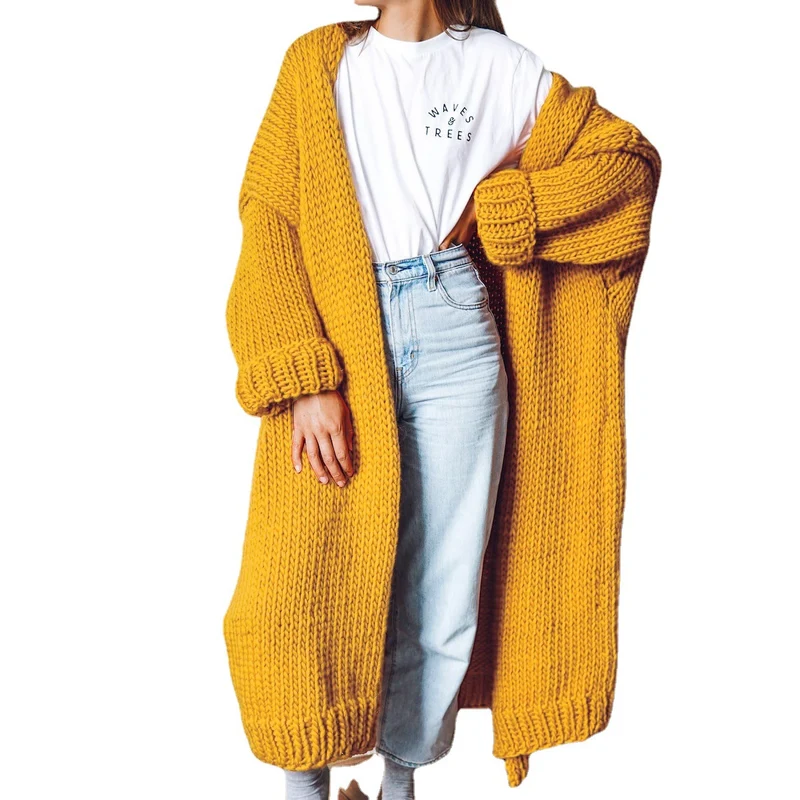 Damen Oversize Maxi Grobstrick-Cardigan mit offener Front und voluminösen Ärmeln Nord Taschen