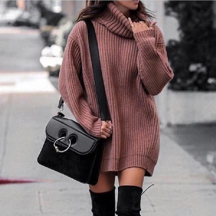Damen Oversize-Longpullover mit Rollkragen, geripptem Feinstrick und figurumspielender Tunika-Länge Nord Taschen