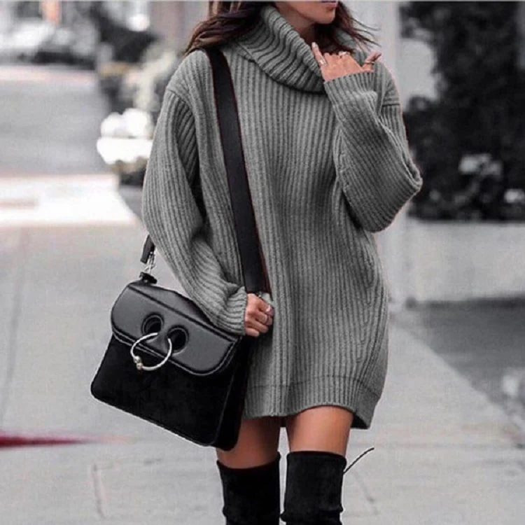 Damen Oversize-Longpullover mit Rollkragen, geripptem Feinstrick und figurumspielender Tunika-Länge Nord Taschen