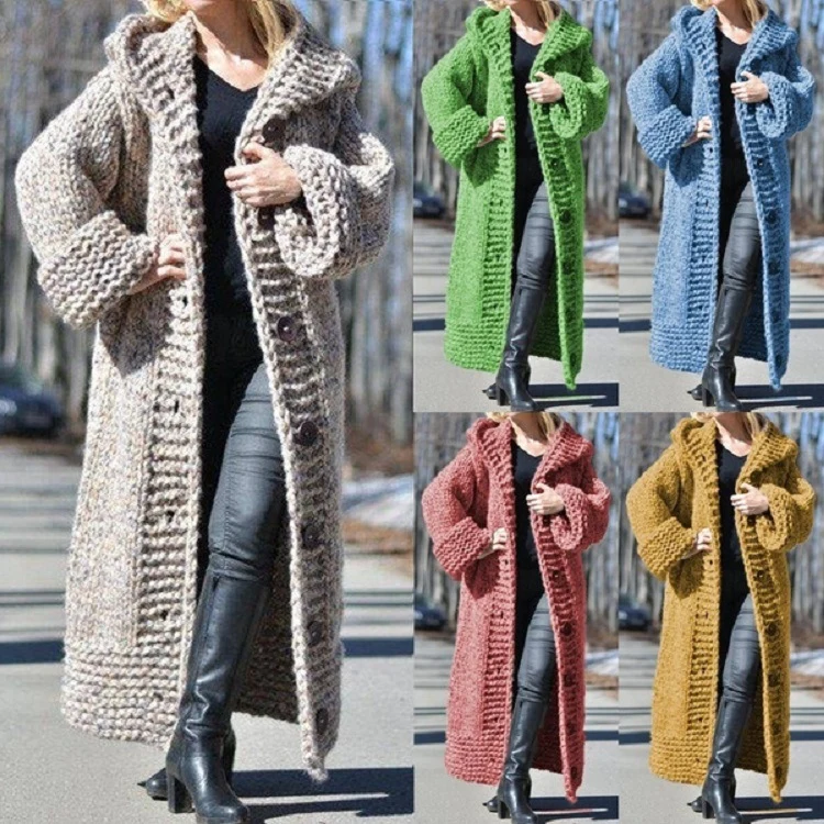 Damen Oversize Grobstrick Maximantel mit Kapuze und Knopfleiste Nord Taschen