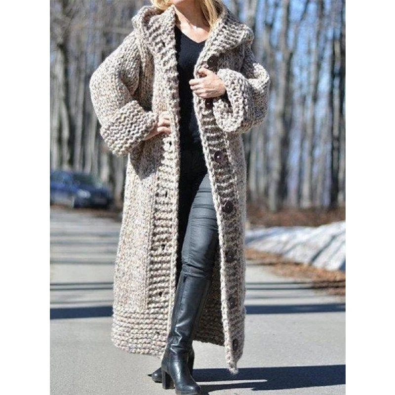 Damen Oversize Grobstrick Maximantel mit Kapuze und Knopfleiste Nord Taschen
