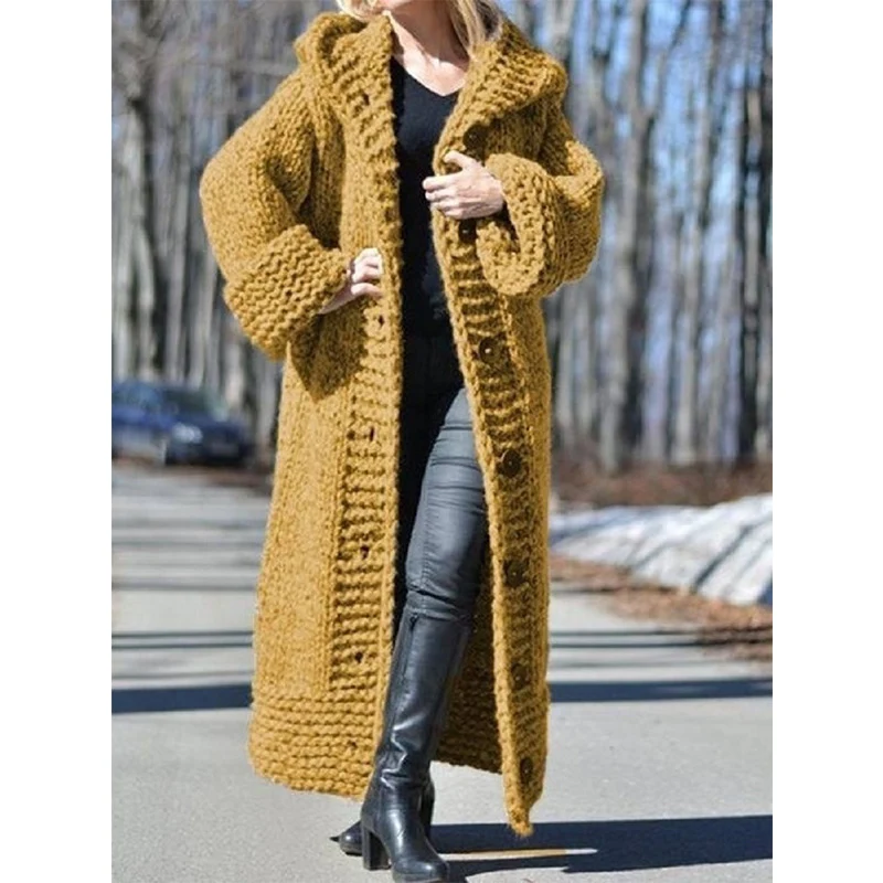 Damen Oversize Grobstrick Maximantel mit Kapuze und Knopfleiste Nord Taschen