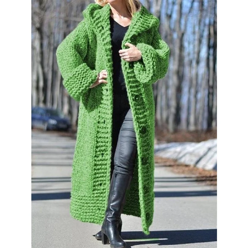 Damen Oversize Grobstrick Maximantel mit Kapuze und Knopfleiste Nord Taschen