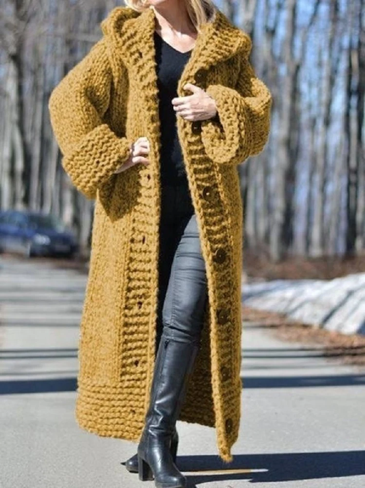 Damen Oversize Grobstrick Maximantel mit Kapuze und Knopfleiste Nord Taschen