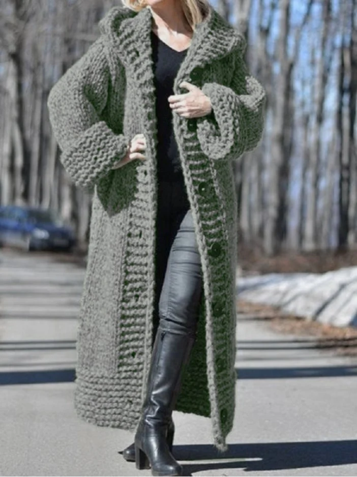 Damen Oversize Grobstrick Maximantel mit Kapuze und Knopfleiste Nord Taschen
