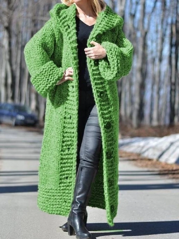 Damen Oversize Grobstrick Maximantel mit Kapuze und Knopfleiste Nord Taschen