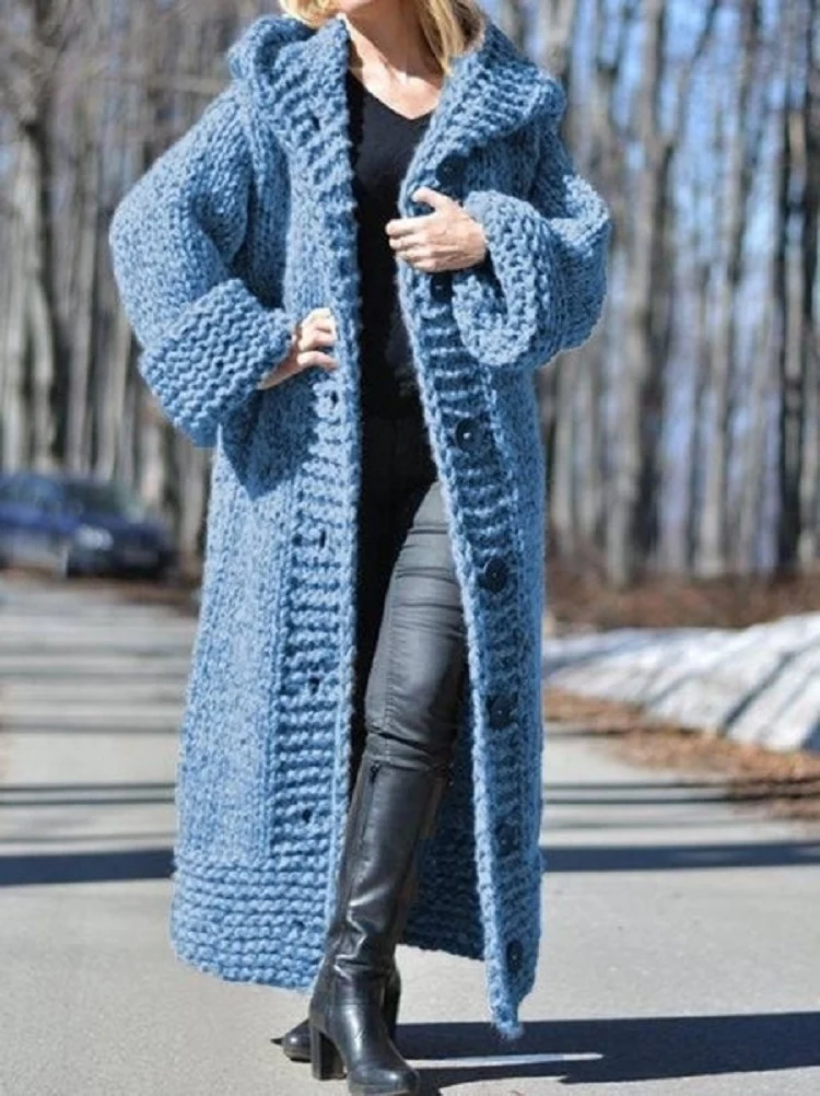 Damen Oversize Grobstrick Maximantel mit Kapuze und Knopfleiste Nord Taschen