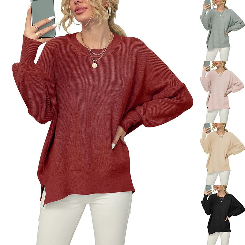 Damen Oversize-Feinstrickpullover mit Rundhalsausschnitt, überschnittener Schulter und Seitenschlitzen Nord Taschen