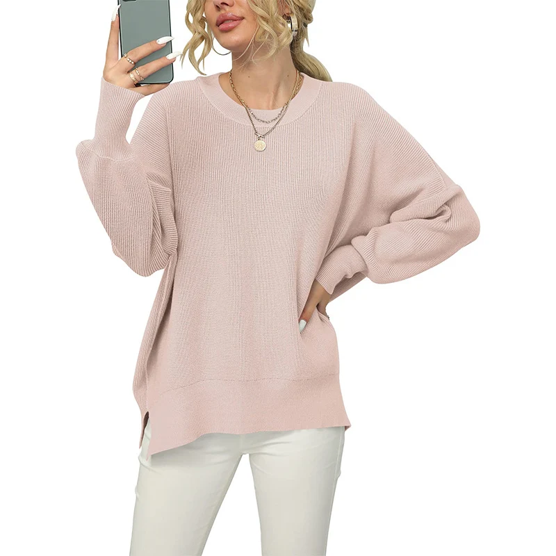 Damen Oversize-Feinstrickpullover mit Rundhalsausschnitt, überschnittener Schulter und Seitenschlitzen Nord Taschen