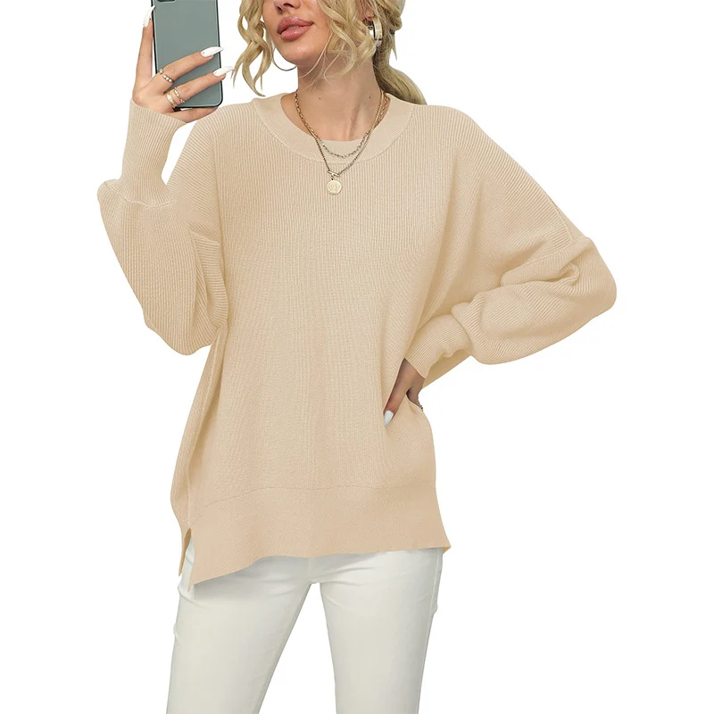 Damen Oversize-Feinstrickpullover mit Rundhalsausschnitt, überschnittener Schulter und Seitenschlitzen Nord Taschen