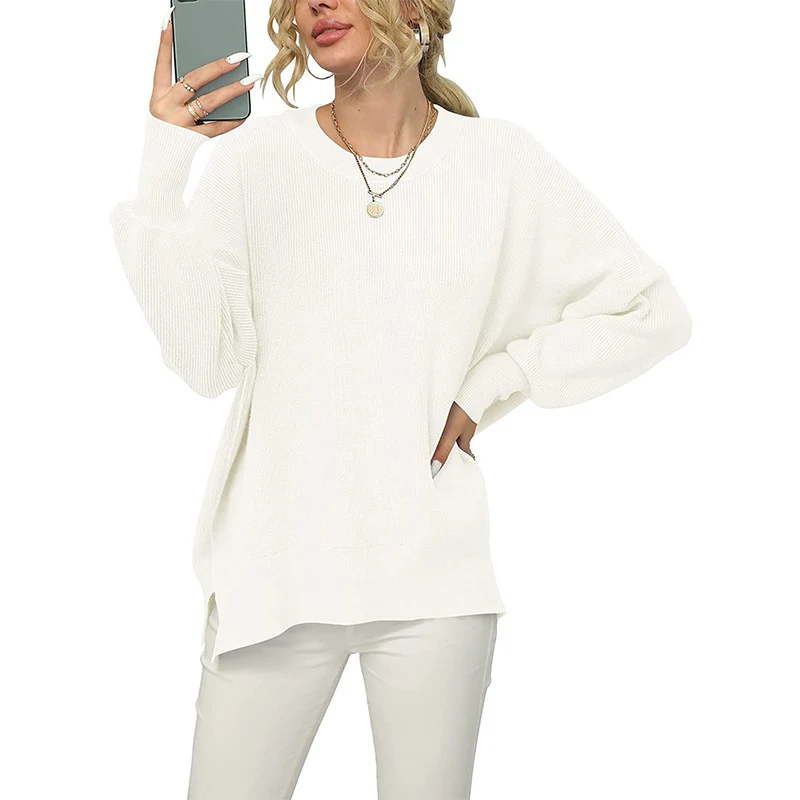 Damen Oversize-Feinstrickpullover mit Rundhalsausschnitt, überschnittener Schulter und Seitenschlitzen Nord Taschen