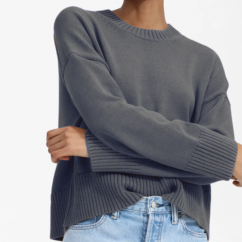 Damen Oversize-Feinstrickpullover mit Rundhalsausschnitt, überschnittener Schulter und breitem Rippsaum Nord Taschen