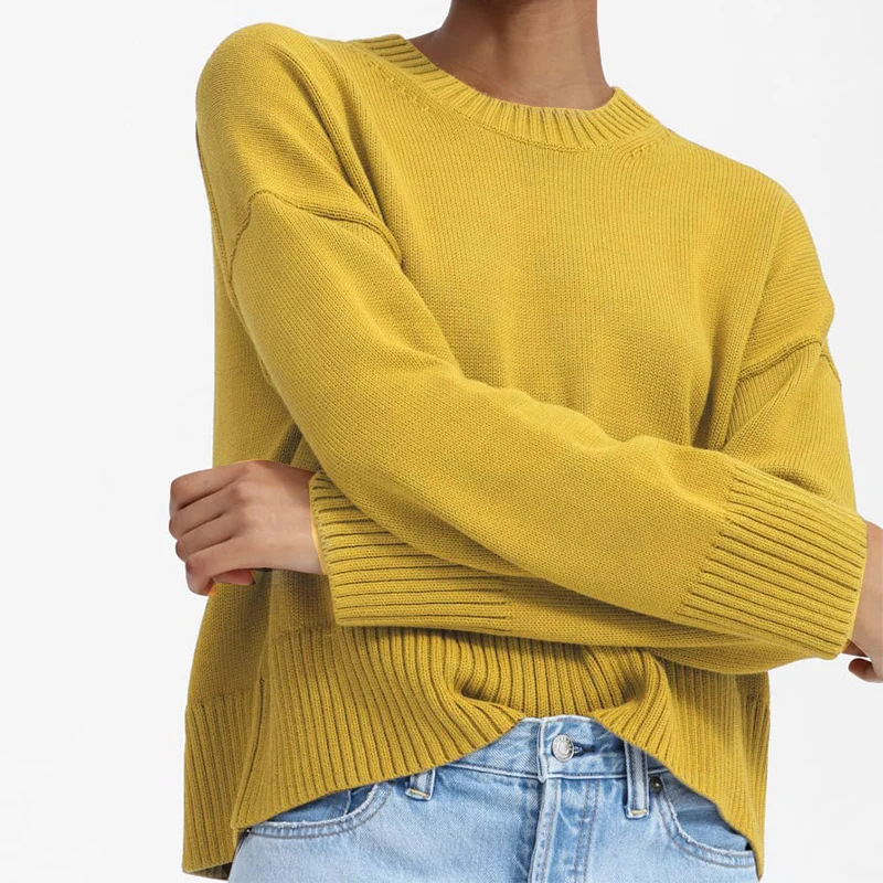 Damen Oversize-Feinstrickpullover mit Rundhalsausschnitt, überschnittener Schulter und breitem Rippsaum Nord Taschen