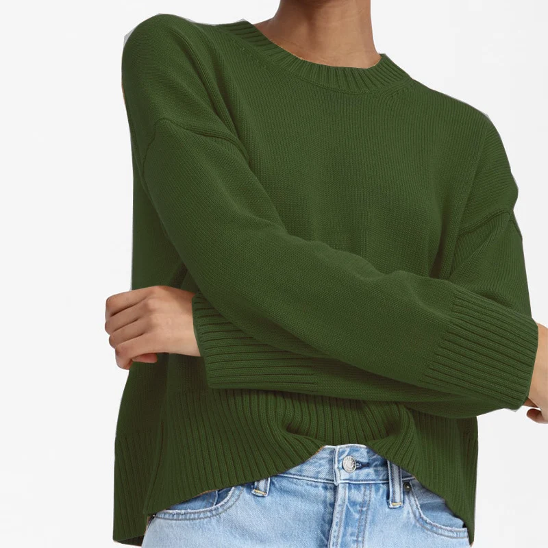 Damen Oversize-Feinstrickpullover mit Rundhalsausschnitt, überschnittener Schulter und breitem Rippsaum Nord Taschen