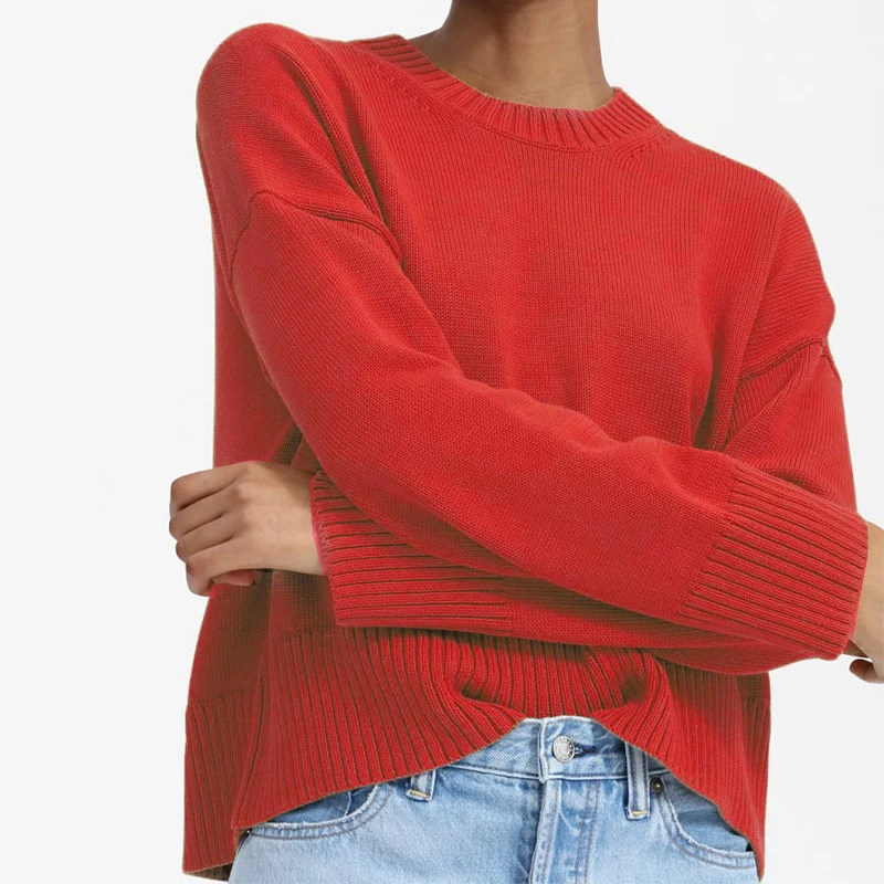Damen Oversize-Feinstrickpullover mit Rundhalsausschnitt, überschnittener Schulter und breitem Rippsaum Nord Taschen