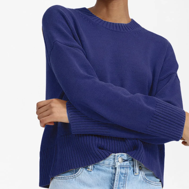 Damen Oversize-Feinstrickpullover mit Rundhalsausschnitt, überschnittener Schulter und breitem Rippsaum Nord Taschen
