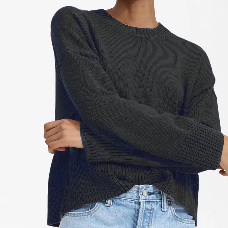 Damen Oversize-Feinstrickpullover mit Rundhalsausschnitt, überschnittener Schulter und breitem Rippsaum Nord Taschen