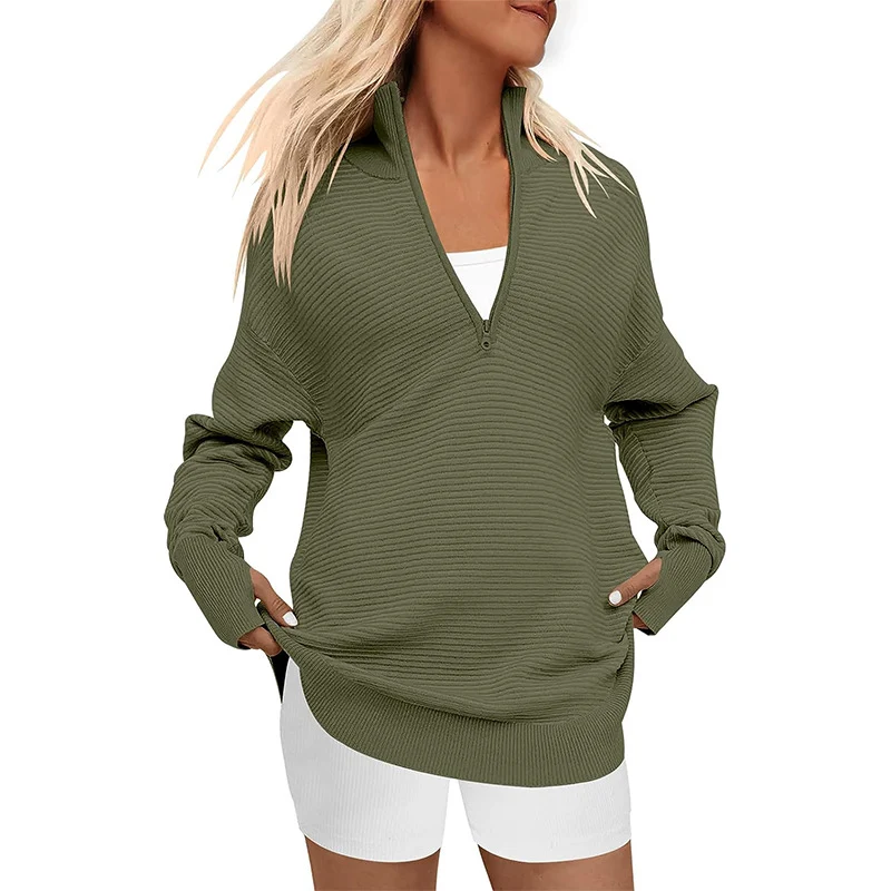 Damen Oversize-Feinstrickpullover mit halbem Reißverschluss, Stehkrragen und Daumenloch-Ärmeln Nord Taschen