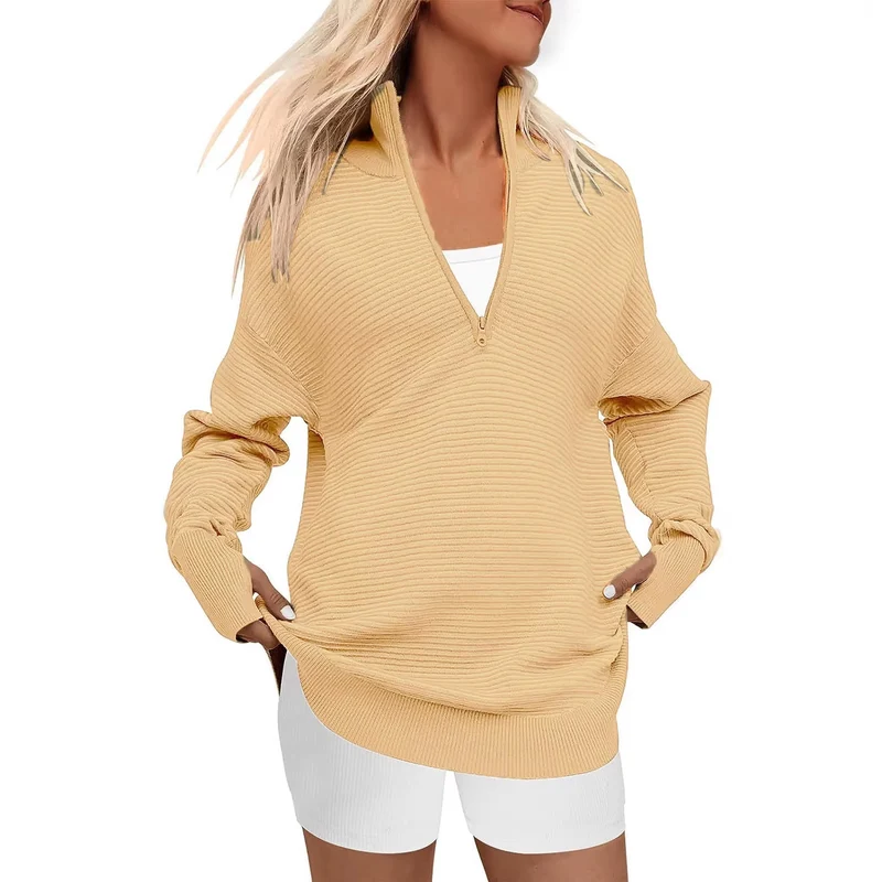 Damen Oversize-Feinstrickpullover mit halbem Reißverschluss, Stehkrragen und Daumenloch-Ärmeln Nord Taschen