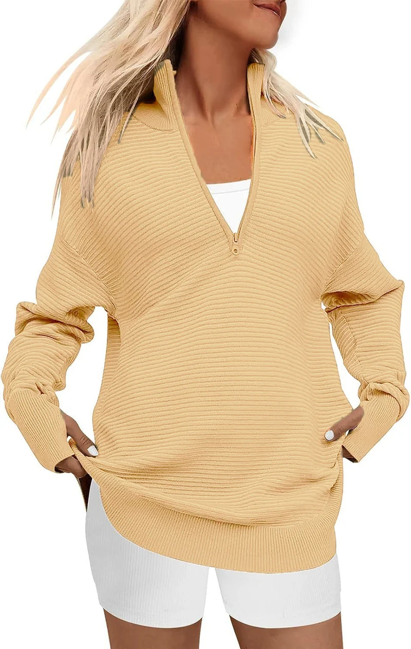 Damen Oversize-Feinstrickpullover mit halbem Reißverschluss, Stehkrragen und Daumenloch-Ärmeln Nord Taschen