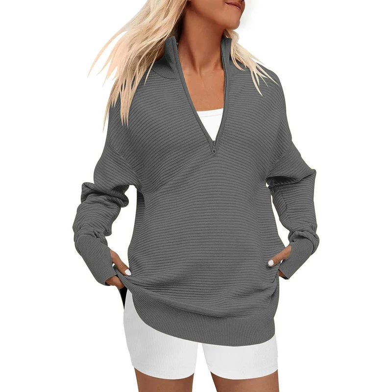Damen Oversize-Feinstrickpullover mit halbem Reißverschluss, Stehkrragen und Daumenloch-Ärmeln Nord Taschen