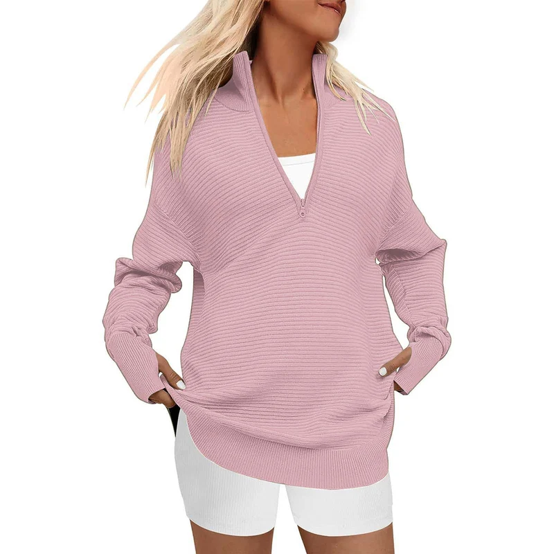 Damen Oversize-Feinstrickpullover mit halbem Reißverschluss, Stehkrragen und Daumenloch-Ärmeln Nord Taschen