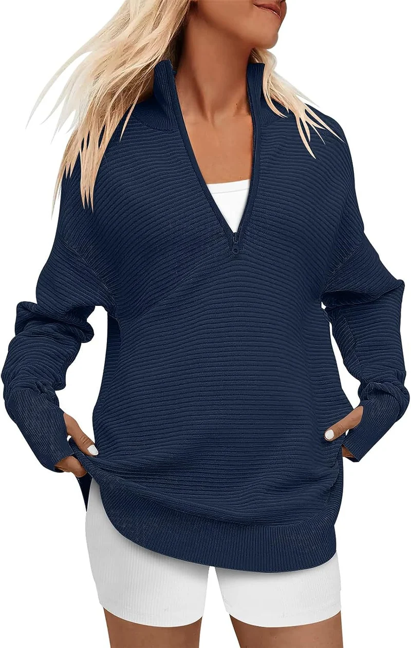 Damen Oversize-Feinstrickpullover mit halbem Reißverschluss, Stehkrragen und Daumenloch-Ärmeln Nord Taschen