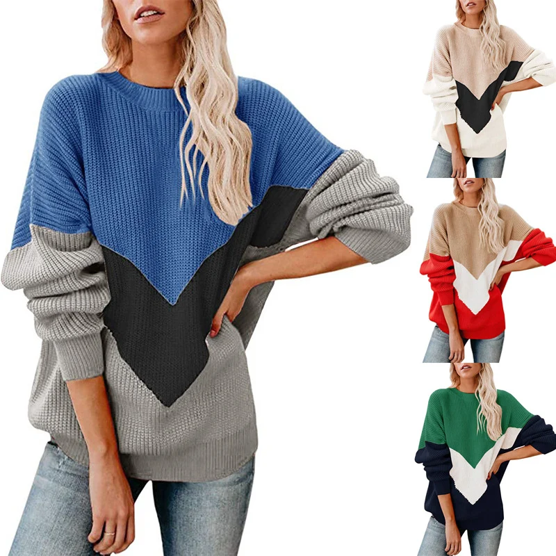 Damen Oversize-Colorblock-Pullover mit V‑Intarsie, Rippbündchen und Strukturstrick Nord Taschen