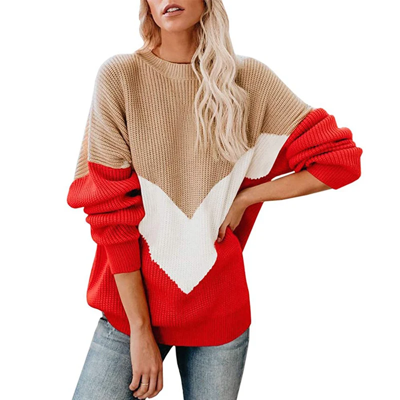Damen Oversize-Colorblock-Pullover mit V‑Intarsie, Rippbündchen und Strukturstrick Nord Taschen