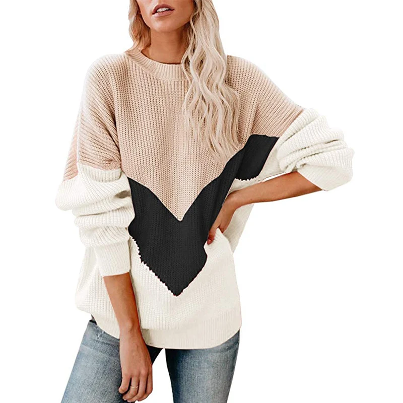 Damen Oversize-Colorblock-Pullover mit V‑Intarsie, Rippbündchen und Strukturstrick Nord Taschen