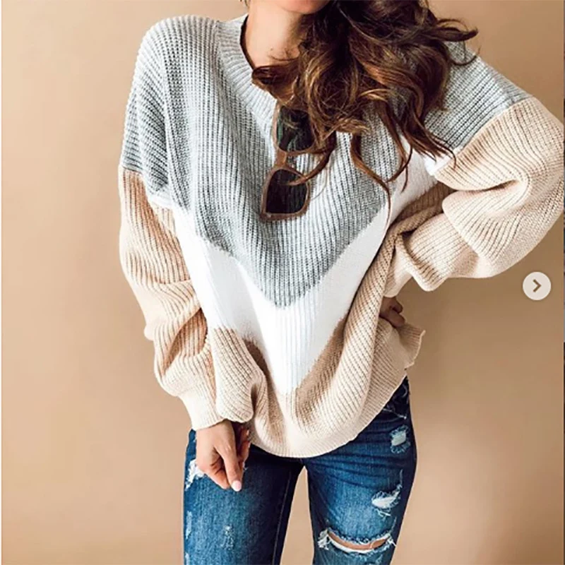 Damen Oversize-Colorblock-Pullover mit V‑Intarsie, Rippbündchen und Strukturstrick Nord Taschen