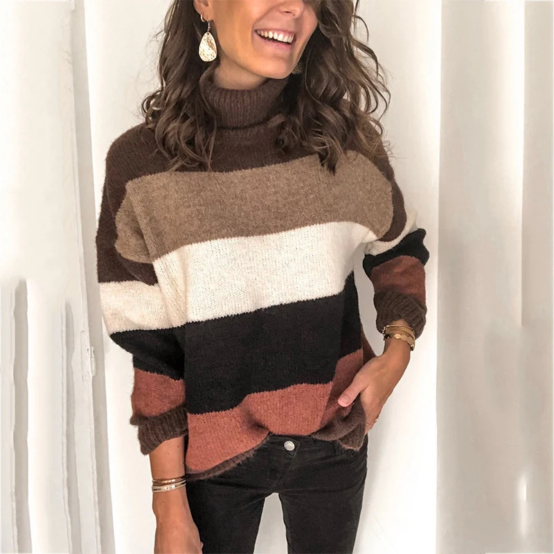 Damen Oversize-Blockstreifen-Rollkragenpullover aus fluffigem Strick Nord Taschen