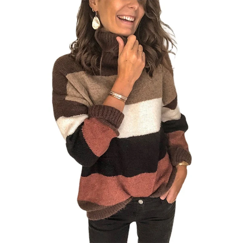 Damen Oversize-Blockstreifen-Rollkragenpullover aus fluffigem Strick Nord Taschen