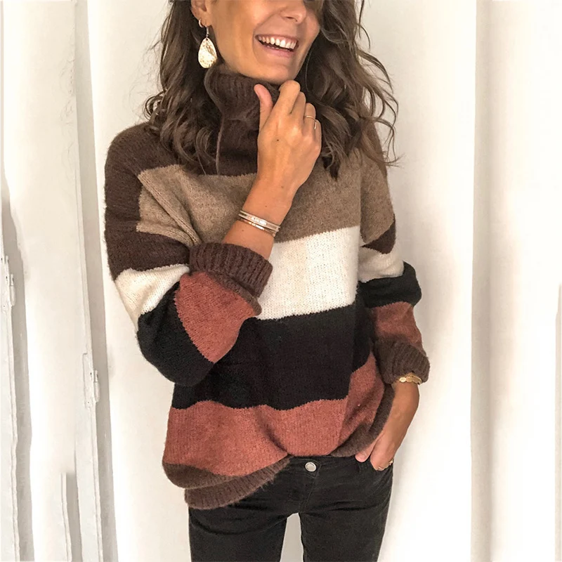 Damen Oversize-Blockstreifen-Rollkragenpullover aus fluffigem Strick Nord Taschen