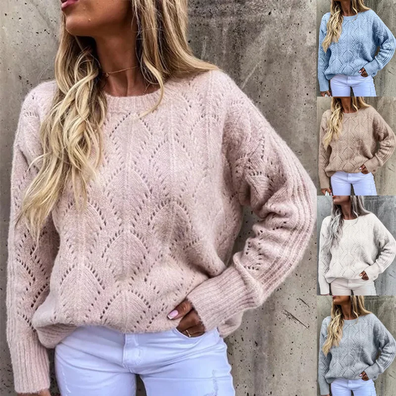 Damen Oversize Ajourstrick-Pullover mit Rundhalsausschnitt Nord Taschen