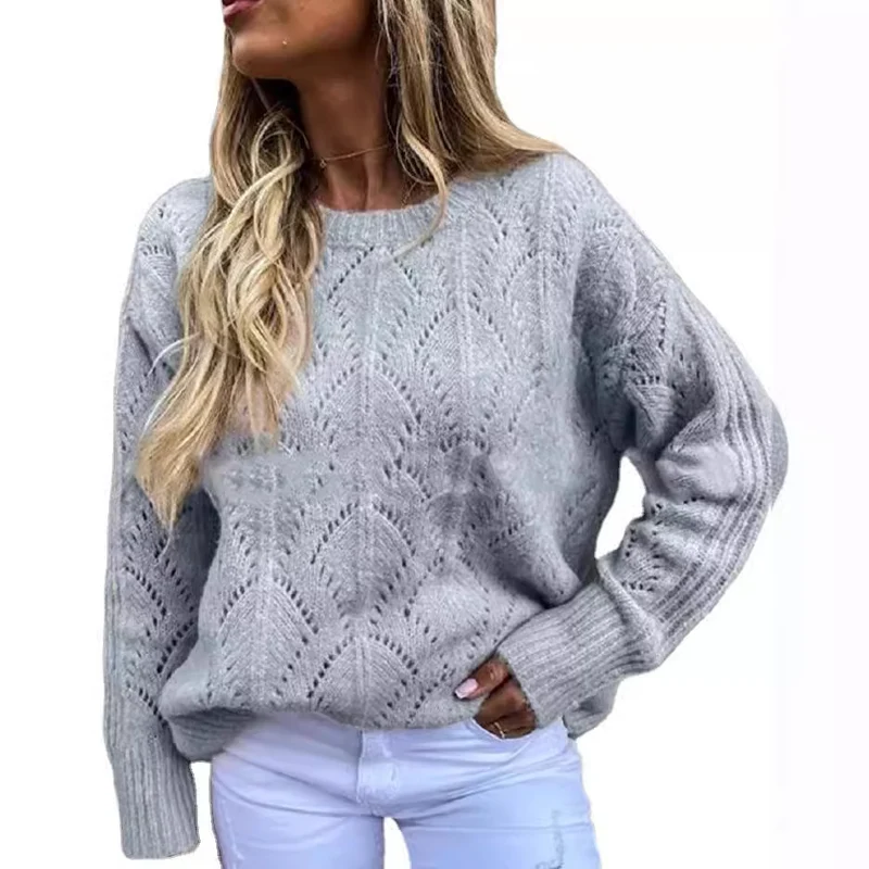 Damen Oversize Ajourstrick-Pullover mit Rundhalsausschnitt Nord Taschen