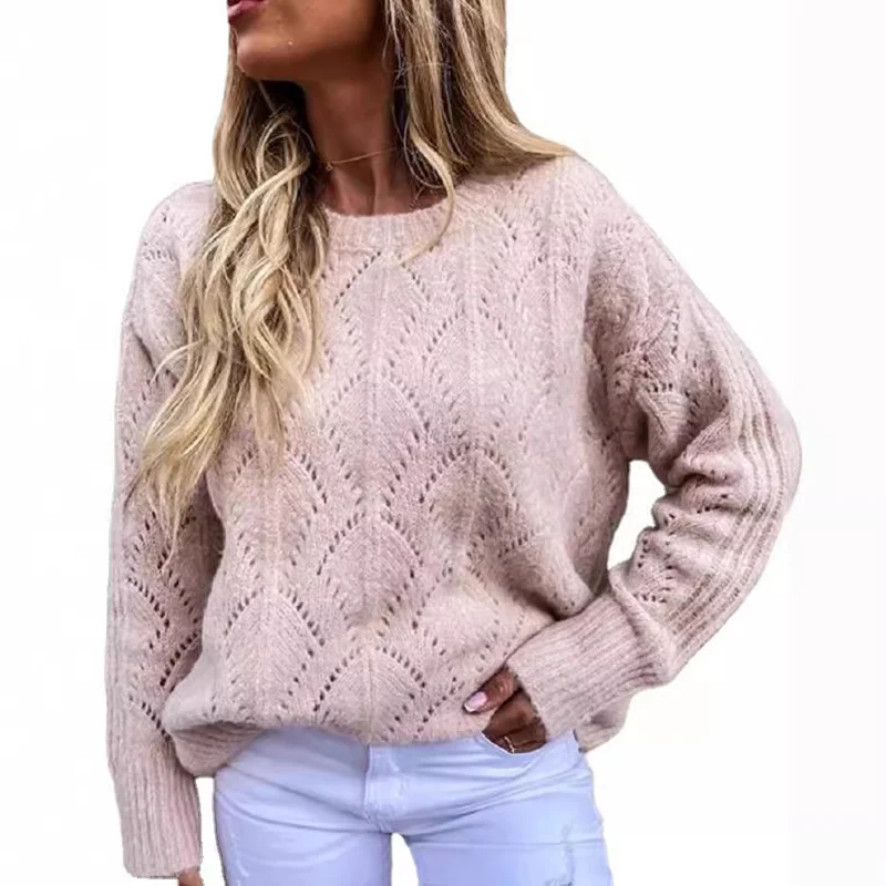 Damen Oversize Ajourstrick-Pullover mit Rundhalsausschnitt Nord Taschen