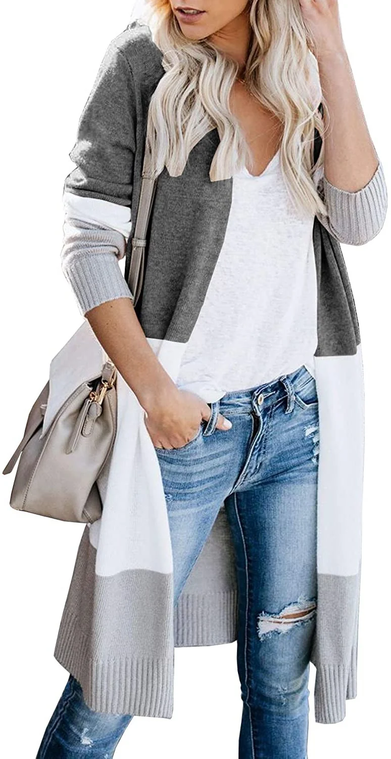 Damen Longline-Cardigan mit Colorblock, geripptem Saum und offener Front Nord Taschen
