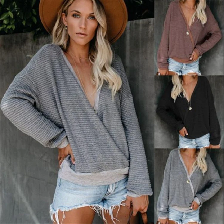 Damen Lockerer Waffelstrick-Pullover mit tiefem V-Ausschnitt und Lagen‑Look Nord Taschen