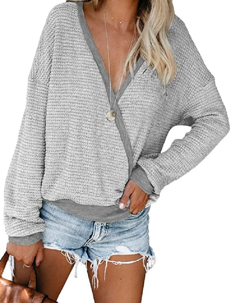 Damen Lockerer Waffelstrick-Pullover mit tiefem V-Ausschnitt und Lagen‑Look Nord Taschen
