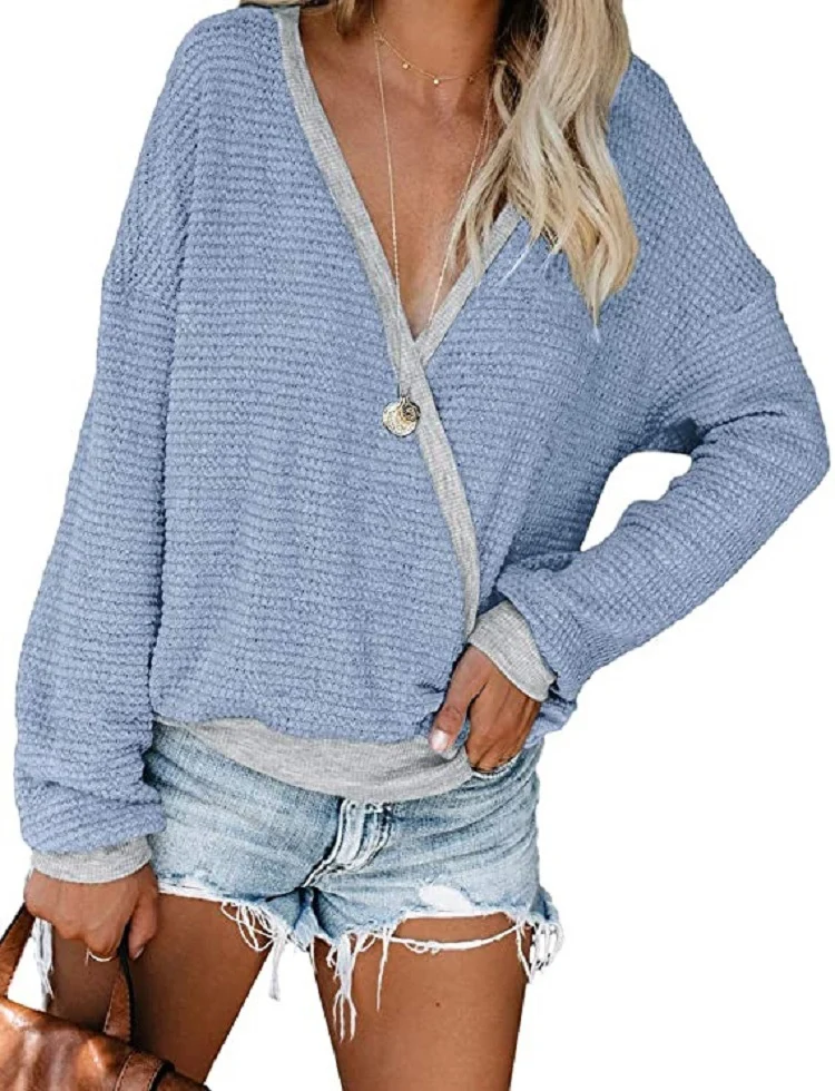 Damen Lockerer Waffelstrick-Pullover mit tiefem V-Ausschnitt und Lagen‑Look Nord Taschen